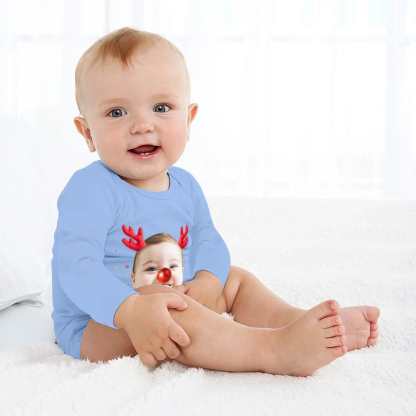 FacePajamas Baby Pajama 3 MONTHS / Blue Custom Face Christmas Antlers Infant Bodysuit One Piece Jumpsuit Personalized Long Sleeve Rompers Baby Clothes