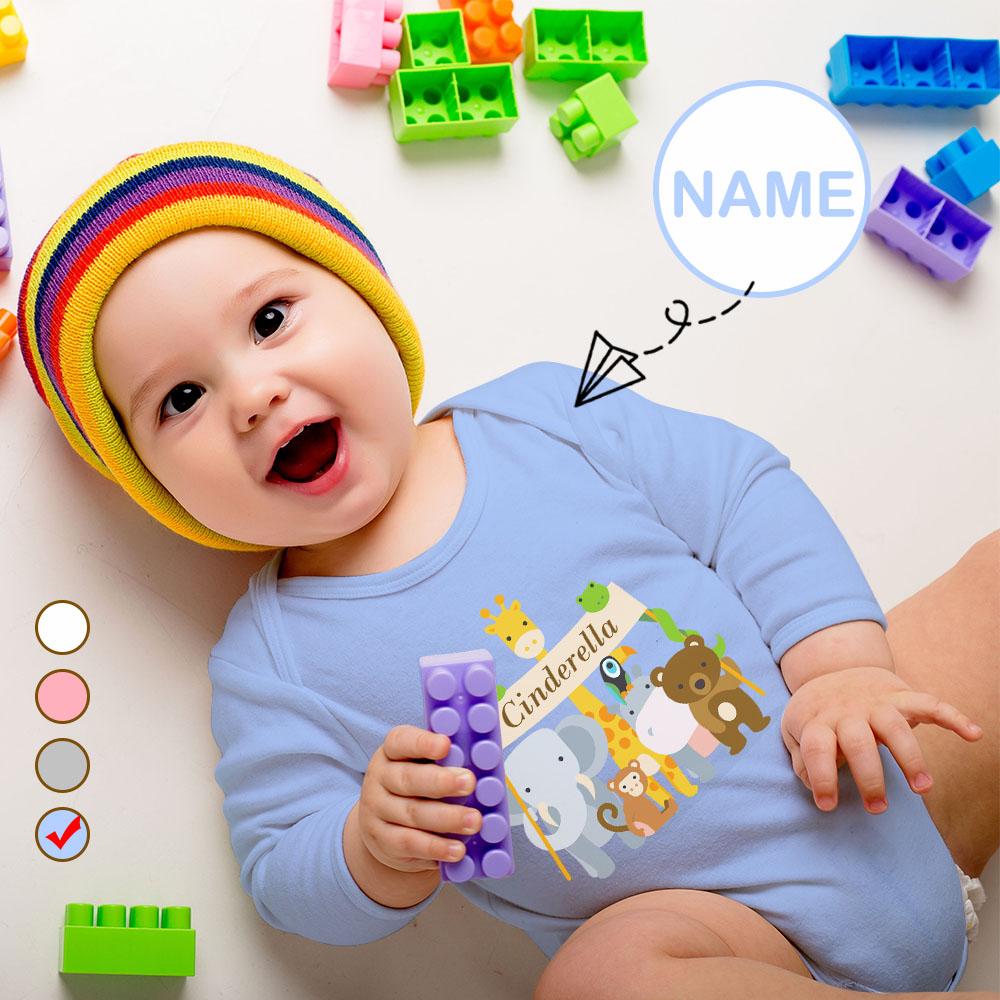 FacePajamas Baby Pajama 3 MONTHS / Blue Custom Name Cartoon Animals Onesie Infant Bodysuit One Piece Jumpsuit Personalized Long Sleeve Rompers Baby Clothes