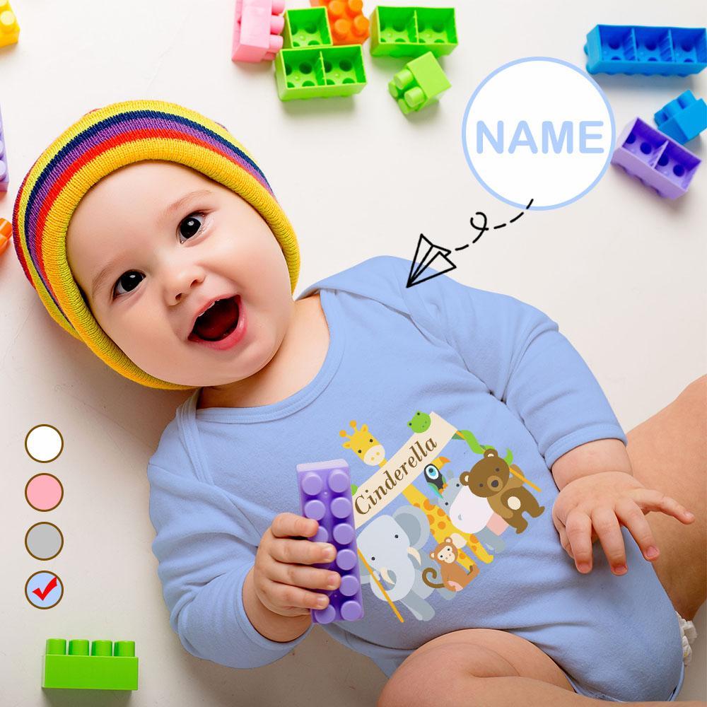 FacePajamas Baby Pajama 3 MONTHS / Blue Custom Name Cartoon Animals Onesie Infant Bodysuit One Piece Jumpsuit Personalized Long Sleeve Rompers Baby Clothes