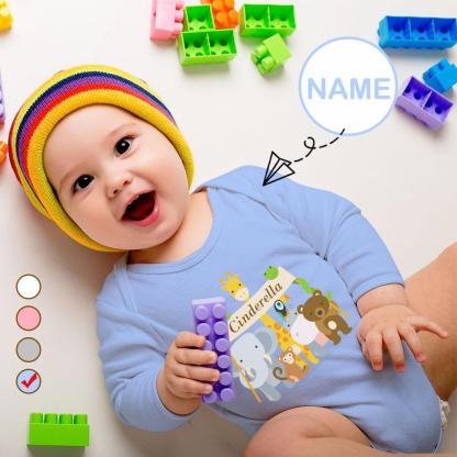 FacePajamas Baby Pajama 3 MONTHS / Blue Custom Name Cartoon Animals Onesie Infant Bodysuit One Piece Jumpsuit Personalized Long Sleeve Rompers Baby Clothes