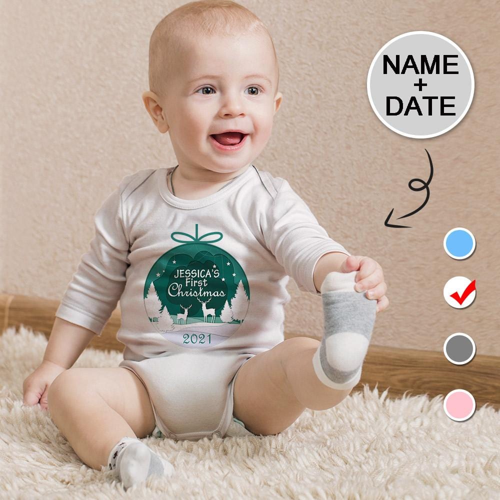 FacePajamas Baby Pajama 3 MONTHS / Blue Custom Name&Date Ch istmas Crystal Ball Infant Bodysuit One Piece Jumpsuit Personalized Long Sleeve Rompers Baby Clothes