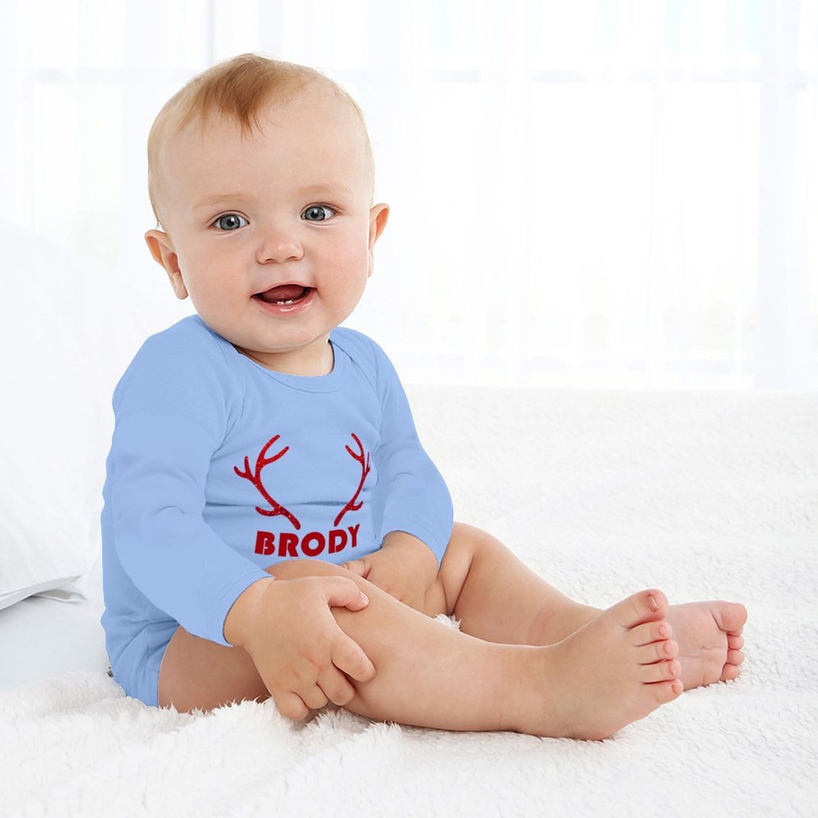 FacePajamas Baby Pajama 3 MONTHS / Blue Custom Name Elk Antlers Infant Bodysuit One Piece Jumpsuit Personalized Long Sleeve Rompers Baby Clothes