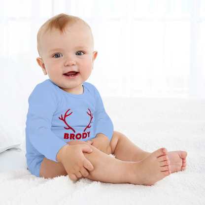 FacePajamas Baby Pajama 3 MONTHS / Blue Custom Name Elk Antlers Infant Bodysuit One Piece Jumpsuit Personalized Long Sleeve Rompers Baby Clothes