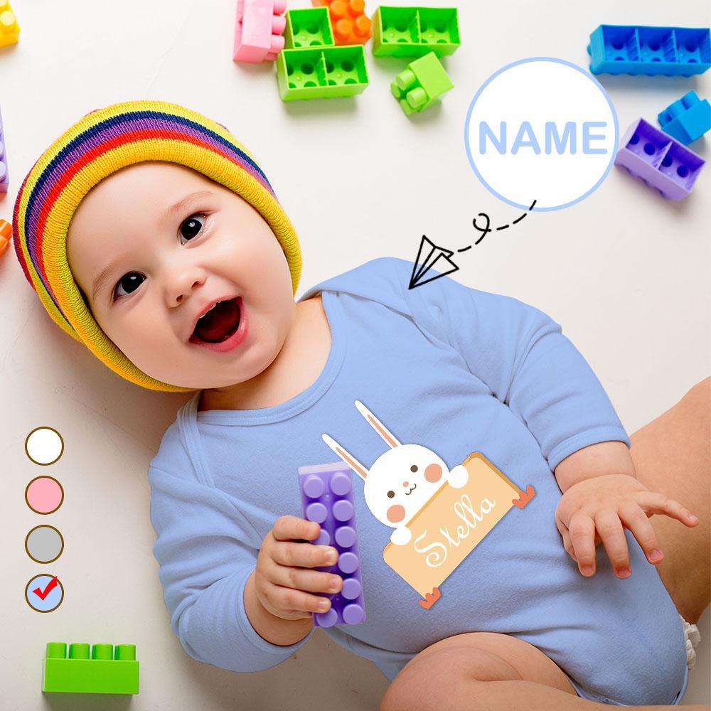 FacePajamas Baby Pajama 3 MONTHS / Blue Custom Name Rabbit Onesie Infant Bodysuit One Piece Jumpsuit Personalized Long Sleeve Rompers Baby Clothes