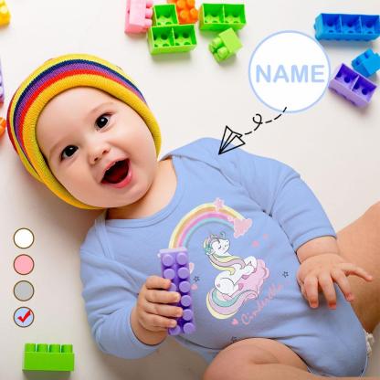 FacePajamas Baby Pajama 3 MONTHS / Blue Custom Name Unicorn Onesie Infant Bodysuit One Piece Jumpsuit Personalized Long Sleeve Rompers Baby Clothes