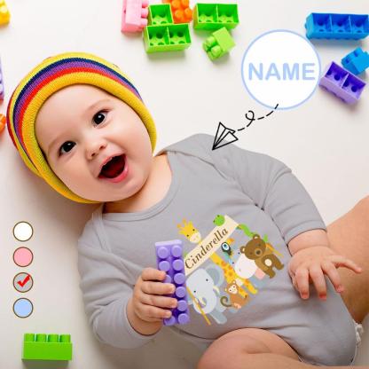 FacePajamas Baby Pajama 3 MONTHS / Gray Custom Name Cartoon Animals Onesie Infant Bodysuit One Piece Jumpsuit Personalized Long Sleeve Rompers Baby Clothes