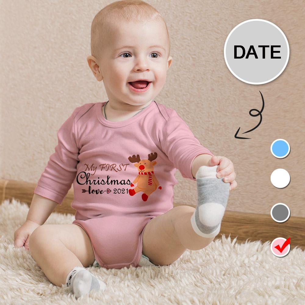 FacePajamas Baby Pajama 3 MONTHS / Pink Custom Date My First Christmas Infant Bodysuit One Piece Jumpsuit Personalized Long Sleeve Rompers Baby Clothes