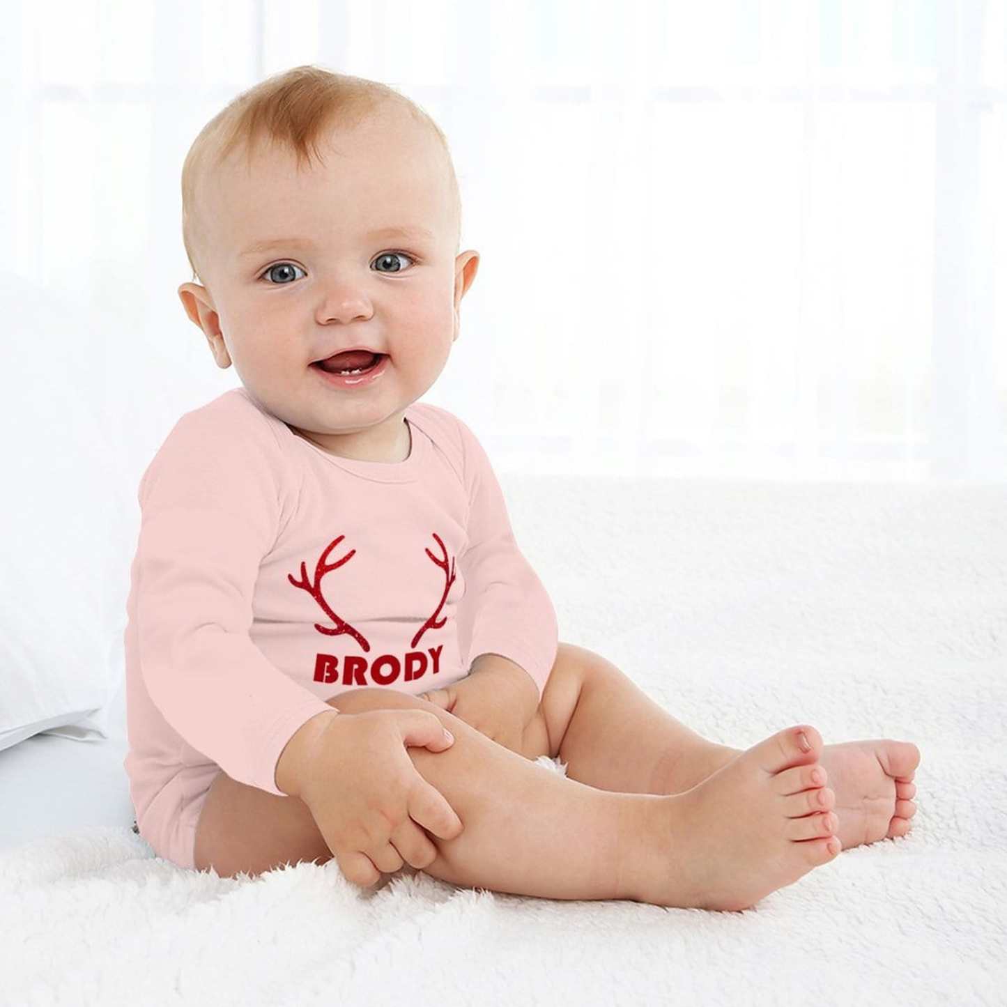 FacePajamas Baby Pajama 3 MONTHS / Pink Custom Name Elk Antlers Infant Bodysuit One Piece Jumpsuit Personalized Long Sleeve Rompers Baby Clothes