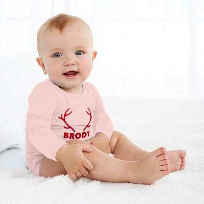 FacePajamas Baby Pajama 3 MONTHS / Pink Custom Name Elk Antlers Infant Bodysuit One Piece Jumpsuit Personalized Long Sleeve Rompers Baby Clothes