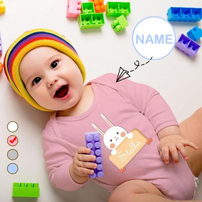 FacePajamas Baby Pajama 3 MONTHS / Pink Custom Name Rabbit Onesie Infant Bodysuit One Piece Jumpsuit Personalized Long Sleeve Rompers Baby Clothes