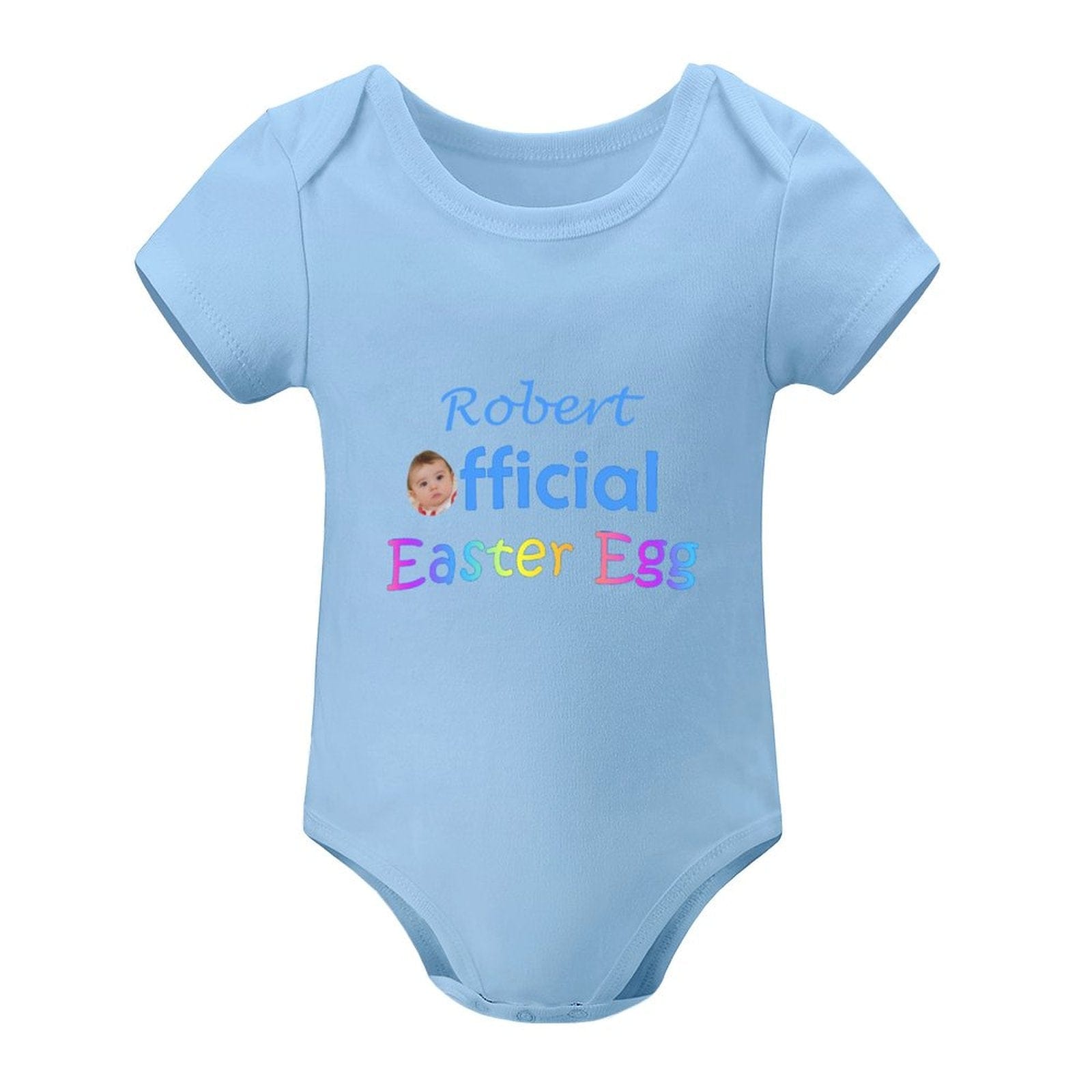 FacePajamas Baby Pajama 3months / Blue Custom Face&Name Easter Egg Newborn Baby Bodysuit Girls Boys Baby Jumpsuit Personalized Summer Bubble Romper