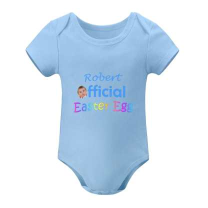 FacePajamas Baby Pajama 3months / Blue Custom Face&Name Easter Egg Newborn Baby Bodysuit Girls Boys Baby Jumpsuit Personalized Summer Bubble Romper