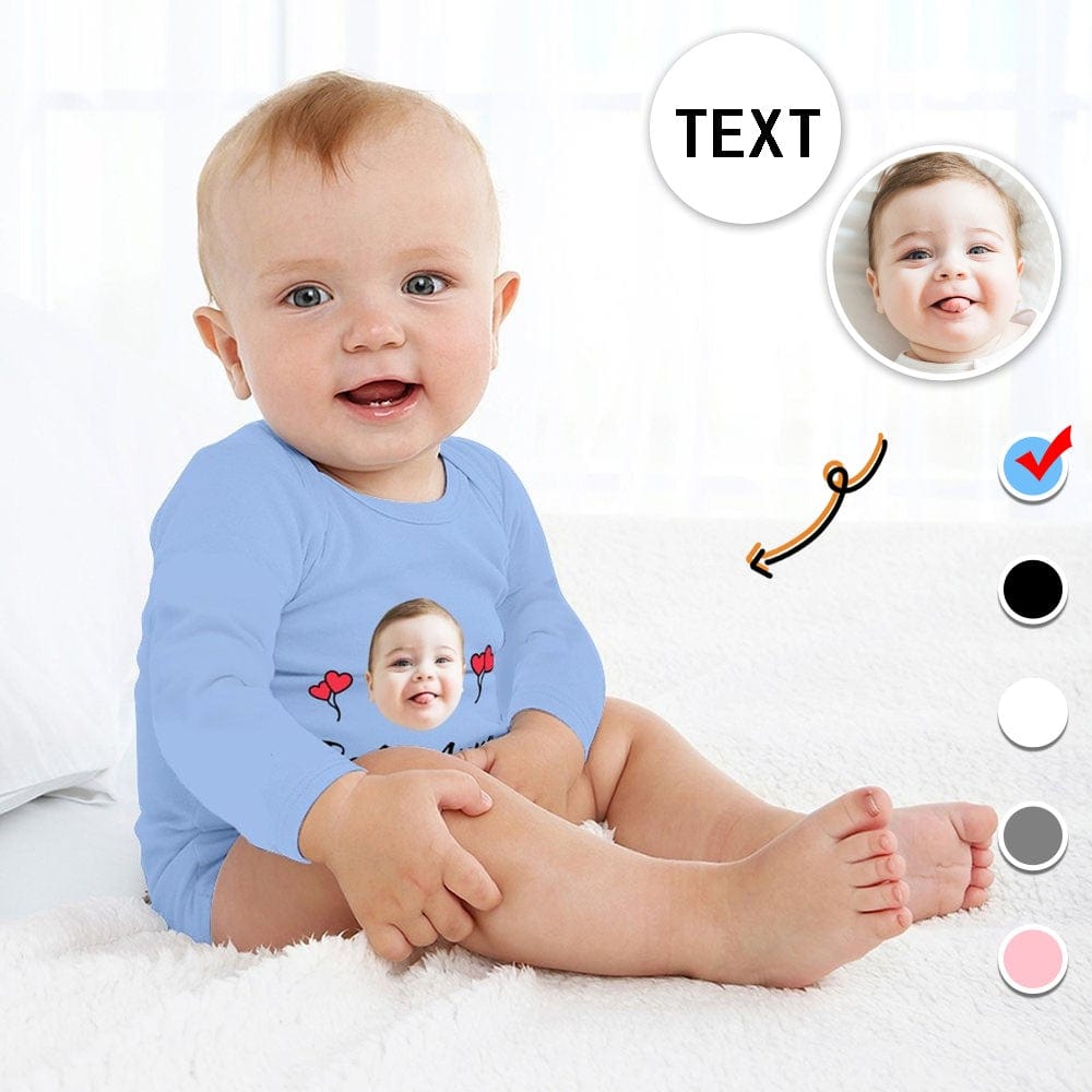 FacePajamas Baby Pajama 3months / Blue Custom Face&Text Red Heart Infant Bodysuit One Piece Jumpsuit Personalized Long Sleeve Rompers Baby Clothes