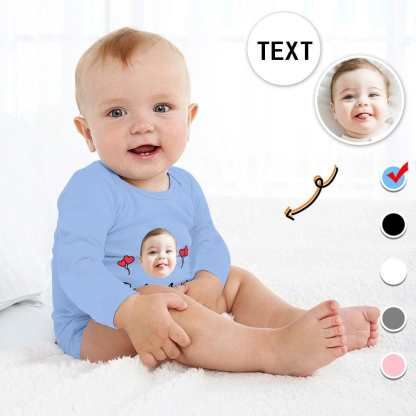 FacePajamas Baby Pajama 3months / Blue Custom Face&Text Red Heart Infant Bodysuit One Piece Jumpsuit Personalized Long Sleeve Rompers Baby Clothes