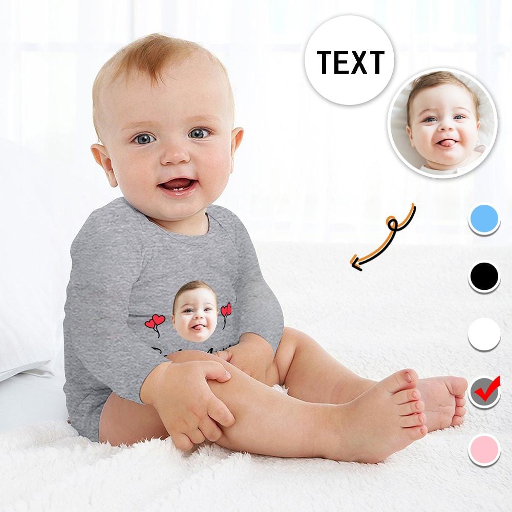 FacePajamas Baby Pajama 3months / Gray Custom Face&Text Red Heart Infant Bodysuit One Piece Jumpsuit Personalized Long Sleeve Rompers Baby Clothes