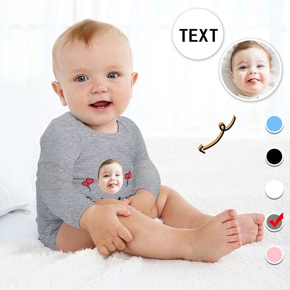 FacePajamas Baby Pajama 3months / Gray Custom Face&Text Red Heart Infant Bodysuit One Piece Jumpsuit Personalized Long Sleeve Rompers Baby Clothes