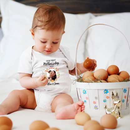 FacePajamas Mother-kid Pajamas 3months Newborn Baby Jumpsuit Custom Face Garland Our First Mother's Day White Baby Bodysuit Personalized Mother-kid Matching Nightwear Mother's Day & Birthday Gift