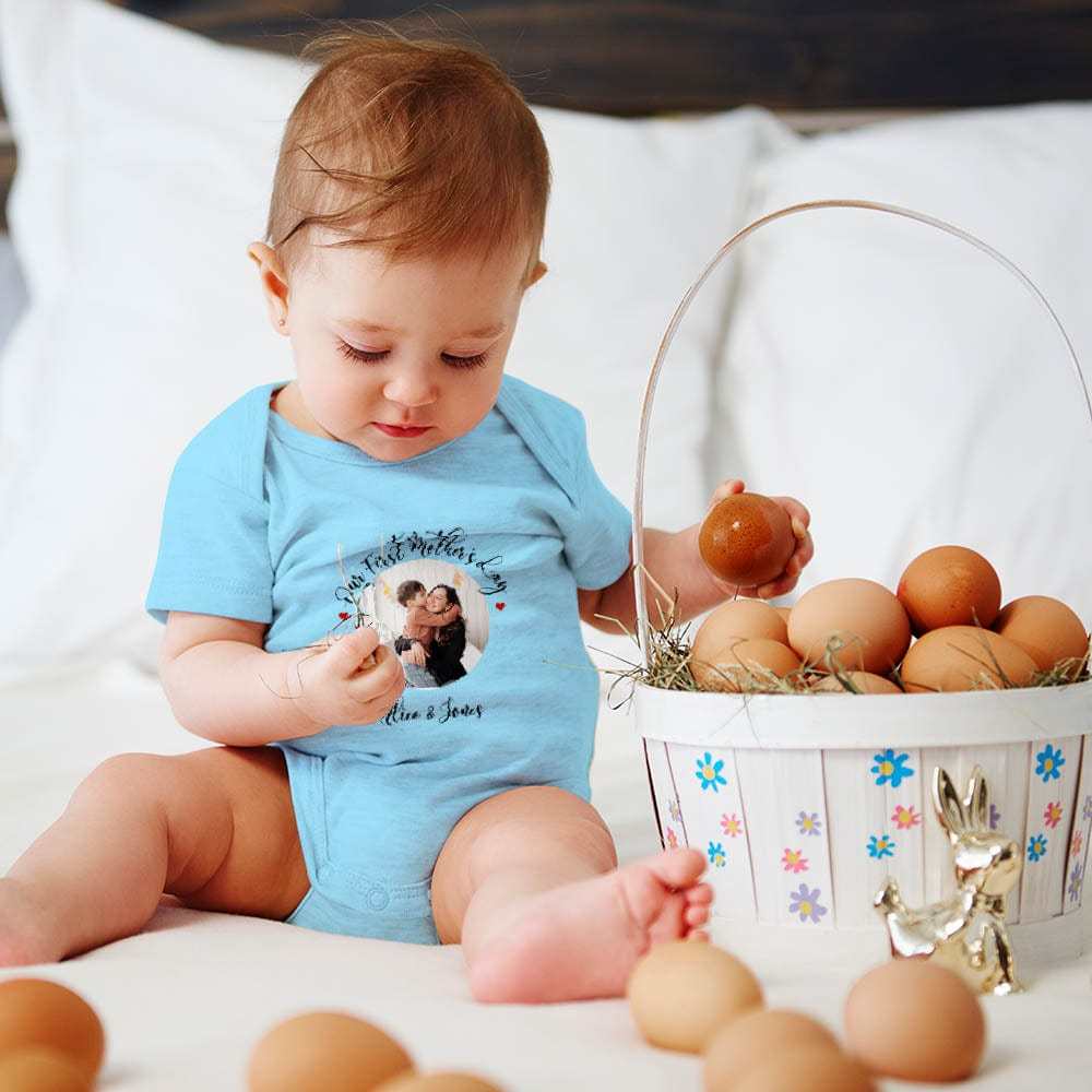 FacePajamas Mother-kid Pajamas 3months Newborn Baby Jumpsuit Custom Face Our First Mother's Day Blue Baby Bodysuit Personalized Mother-kid Matching Nightwear Mother's Day & Birthday Gift