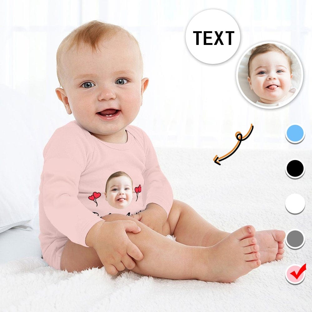 FacePajamas Baby Pajama 3months / Pink Custom Face&Text Red Heart Infant Bodysuit One Piece Jumpsuit Personalized Long Sleeve Rompers Baby Clothes