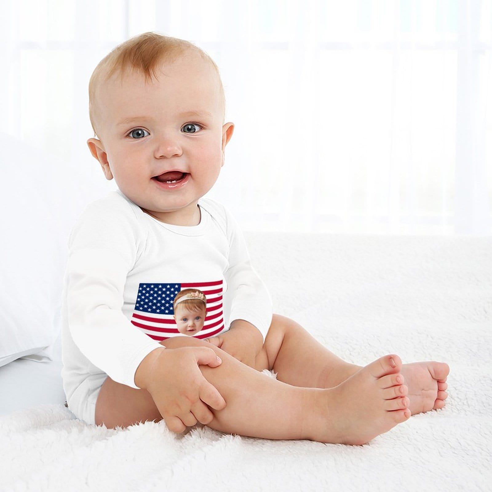 FacePajamas Baby Pajama 3months / White Custom Face Flag Angel Infant Bodysuit One Piece Jumpsuit Personalized Long Sleeve Rompers Baby Clothes