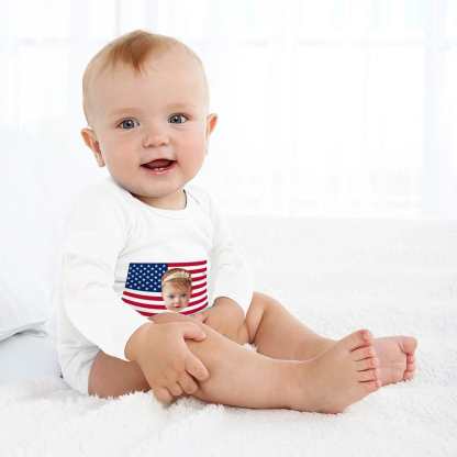 FacePajamas Baby Pajama 3months / White Custom Face Flag Angel Infant Bodysuit One Piece Jumpsuit Personalized Long Sleeve Rompers Baby Clothes