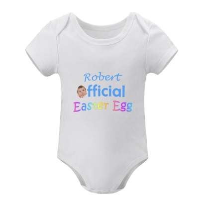 FacePajamas Baby Pajama 3months / White Custom Face&Name Easter Egg Newborn Baby Bodysuit Girls Boys Baby Jumpsuit Personalized Summer Bubble Romper