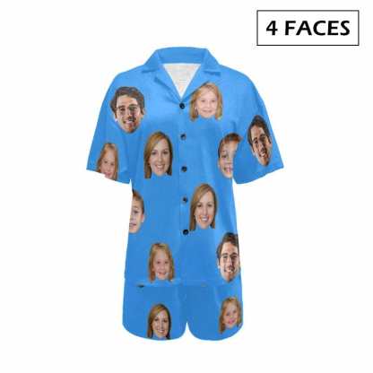 FacePajamas Pajama 4 Faces / Blue / S #Plus Size Pajama Set-[Up To 4 Faces] Custom Face Solid Color Loungewear Personalized Photo Sleepwear Women's V-Neck Short Pajama Set