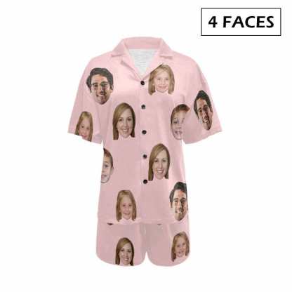 FacePajamas Pajama 4 Faces / Pink / S #Plus Size Pajama Set-[Up To 4 Faces] Custom Face Solid Color Loungewear Personalized Photo Sleepwear Women's V-Neck Short Pajama Set
