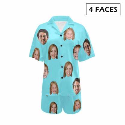 FacePajamas Pajama 4 Faces / Sky blue / S #Plus Size Pajama Set-[Up To 4 Faces] Custom Face Solid Color Loungewear Personalized Photo Sleepwear Women's V-Neck Short Pajama Set