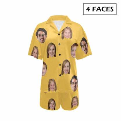 FacePajamas Pajama 4 Faces / Yellow / S #Plus Size Pajama Set-[Up To 4 Faces] Custom Face Solid Color Loungewear Personalized Photo Sleepwear Women's V-Neck Short Pajama Set