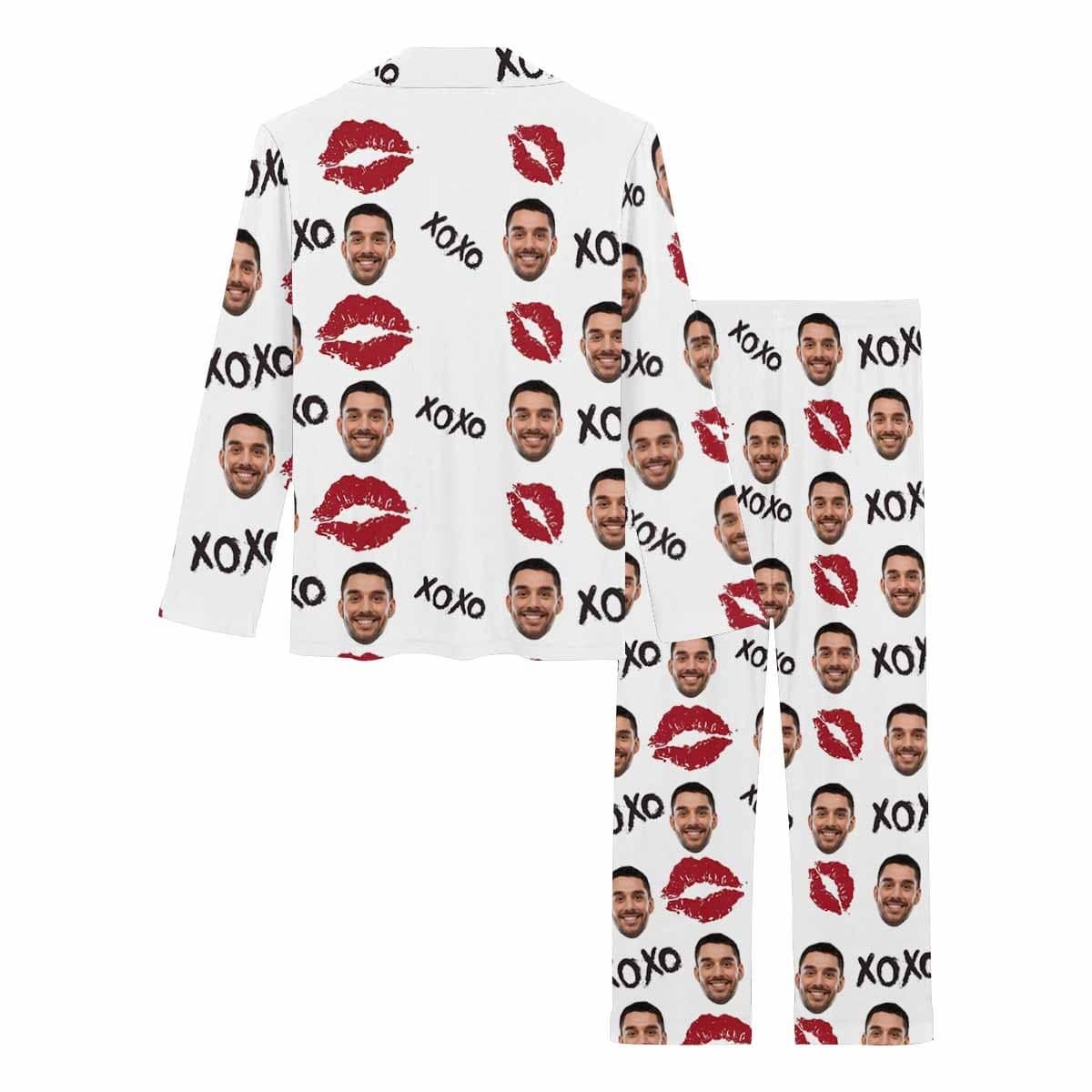FacePajamas Mix Pajama-2ML 4 Pcs Face Print Pajamas-Custom Boyfriend Face XOXO Red Lips Nightwear Personalized Women's Long Pajamas & Women's Sexy Cami Pajama Set