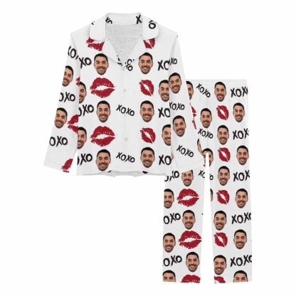 FacePajamas Mix Pajama-2ML 4 Pcs Face Print Pajamas-Custom Boyfriend Face XOXO Red Lips Nightwear Personalized Women's Long Pajamas & Women's Sexy Cami Pajama Set