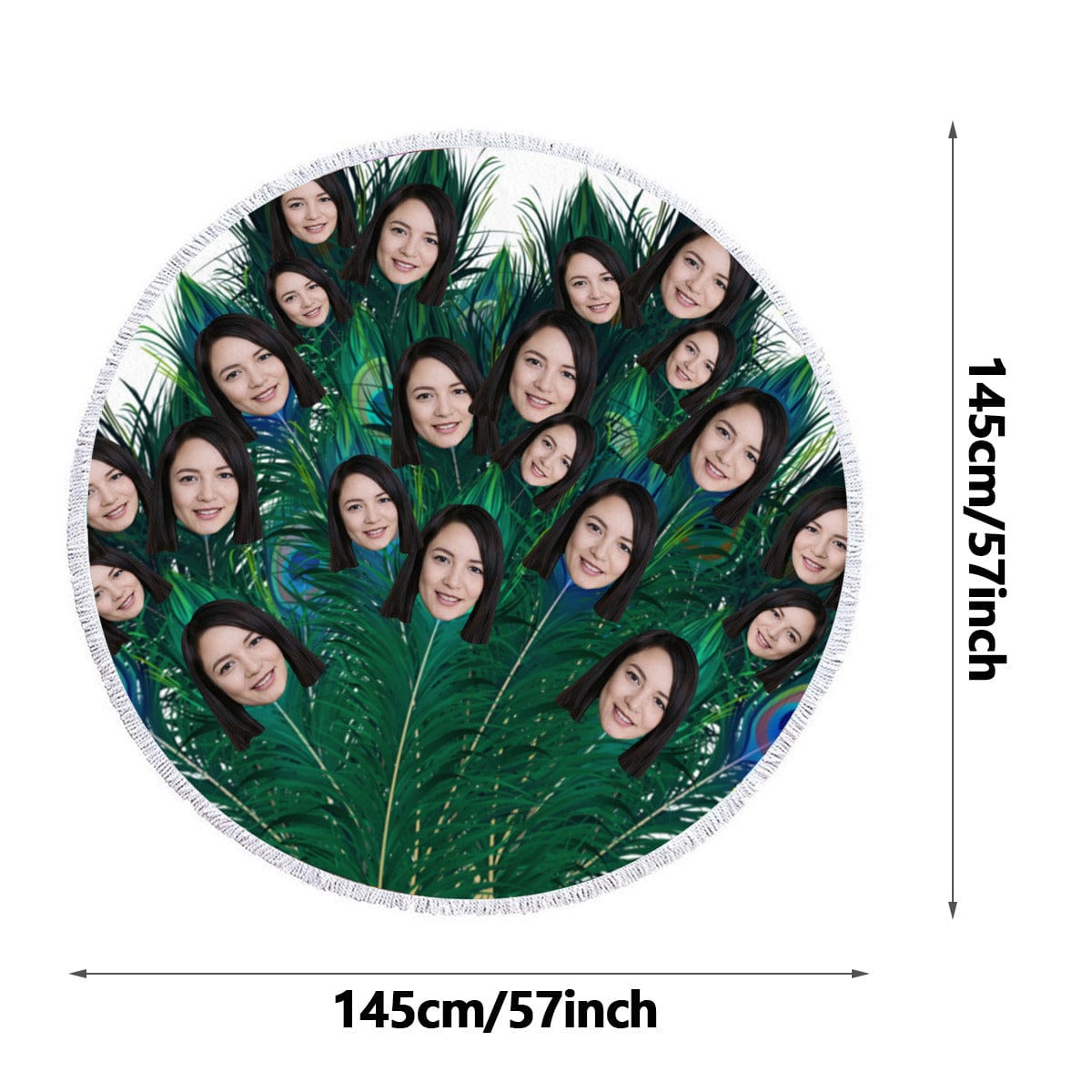 FacePajamas Beach Towel-2ML-S2B 57''x57'' Custom Face Personalized Peacock Feather Round Beach Towel Bath Towel Custom Pool Towel Birthday Vacation