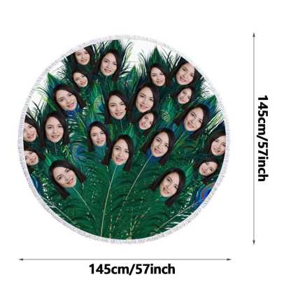 FacePajamas Beach Towel-2ML-S2B 57''x57'' Custom Face Personalized Peacock Feather Round Beach Towel Bath Towel Custom Pool Towel Birthday Vacation