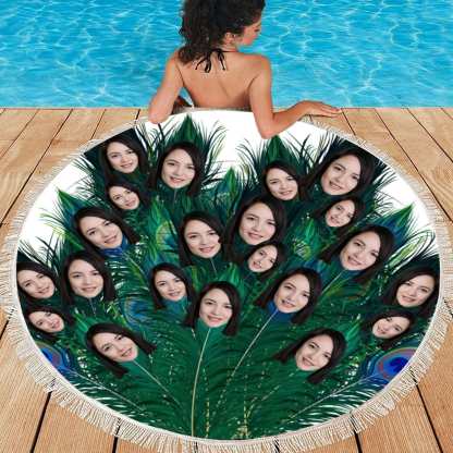 FacePajamas Beach Towel-2ML-S2B 57''x57'' Custom Face Personalized Peacock Feather Round Beach Towel Bath Towel Custom Pool Towel Birthday Vacation
