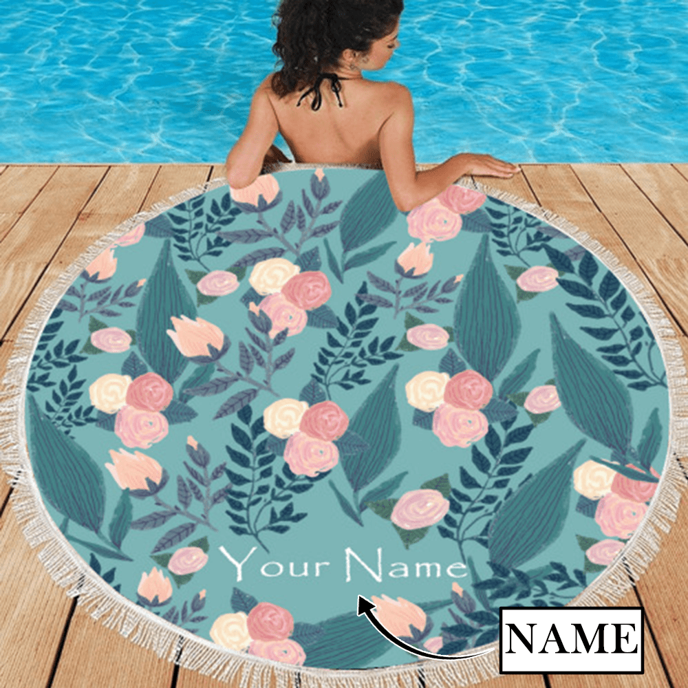 FacePajamas Beach Towel-2ML-S2B 57''x57'' Custom Name Personalized Flower Round Beach Towel Bath Towel Custom Pool Towel Birthday Vacation