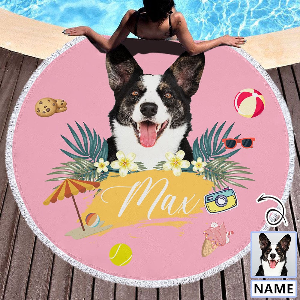 FacePajamas Beach Towel-2ML-S2B 57''x57'' Custom Pet Face&Name Personalized Round Beach Towel Bath Towel Custom Pool Towel Birthday Vacation