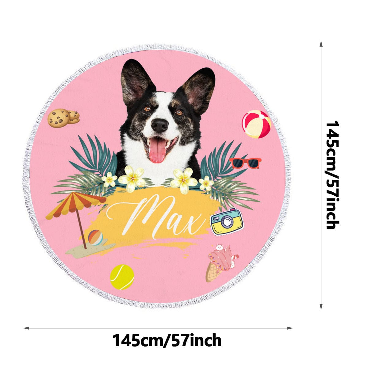 FacePajamas Beach Towel-2ML-S2B 57''x57'' Custom Pet Face&Name Personalized Round Beach Towel Bath Towel Custom Pool Towel Birthday Vacation
