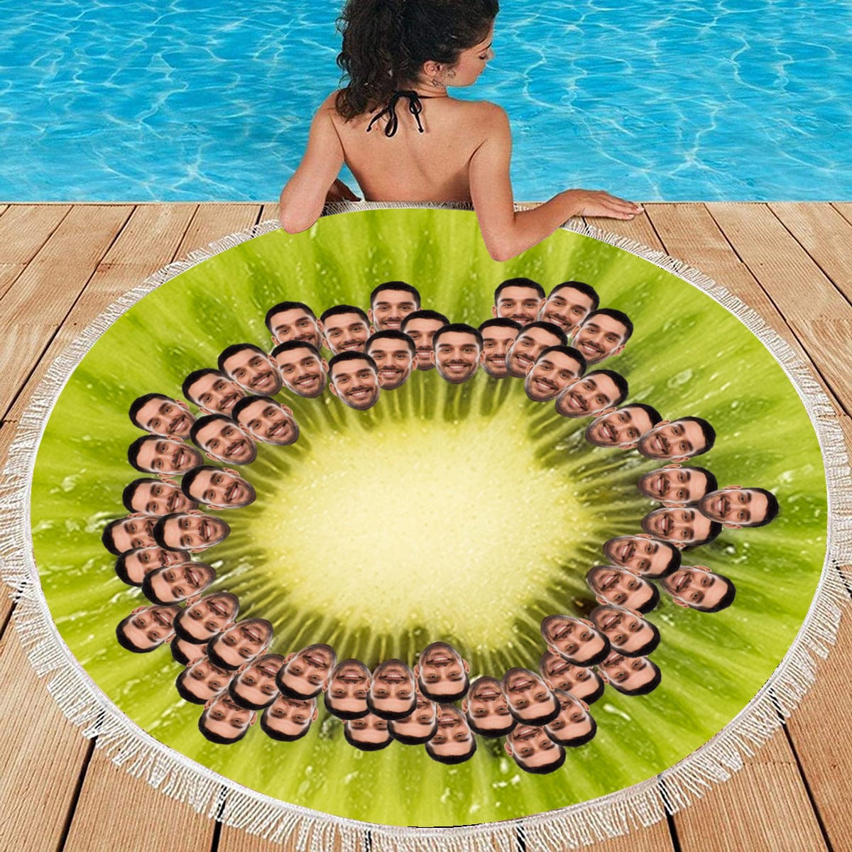 FacePajamas Beach Towel-2ML-S2B 57''x57'' / Kiwi Custom Face Personalized Round Fruit Design Beach Towel Bath Towel Custom Pool Towel Birthday Vacation