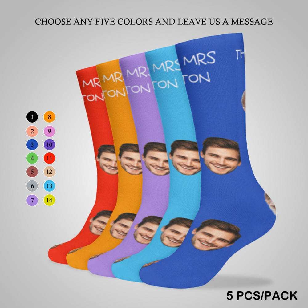 FacePajamas Sublimated Crew Socks-2WH-SDS 5PCS(Different Color) Custom Face&Name Couple Sublimated Crew Socks Black Background Socks Personalized Funny Photo Socks Gift