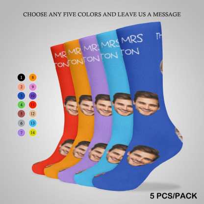 FacePajamas Sublimated Crew Socks-2WH-SDS 5PCS(Different Color) Custom Face&Name Couple Sublimated Crew Socks Black Background Socks Personalized Funny Photo Socks Gift