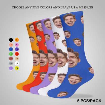 FacePajamas Sublimated Crew Socks-2WH-SDS 5PCS(Different Color) Face on Socks Custom Black Background Personalized Sublimated Crew Socks Gift Idea For Men Women