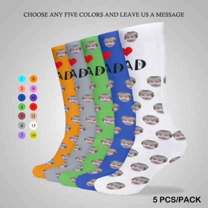 FacePajamas Sublimated Crew Socks-2WH-SDS 5PCS(Different Color) Fathers Day Socks With Custom Face I Love Dad Blue Background Personalized Sublimated Crew Socks Gift For Australian Father's Day