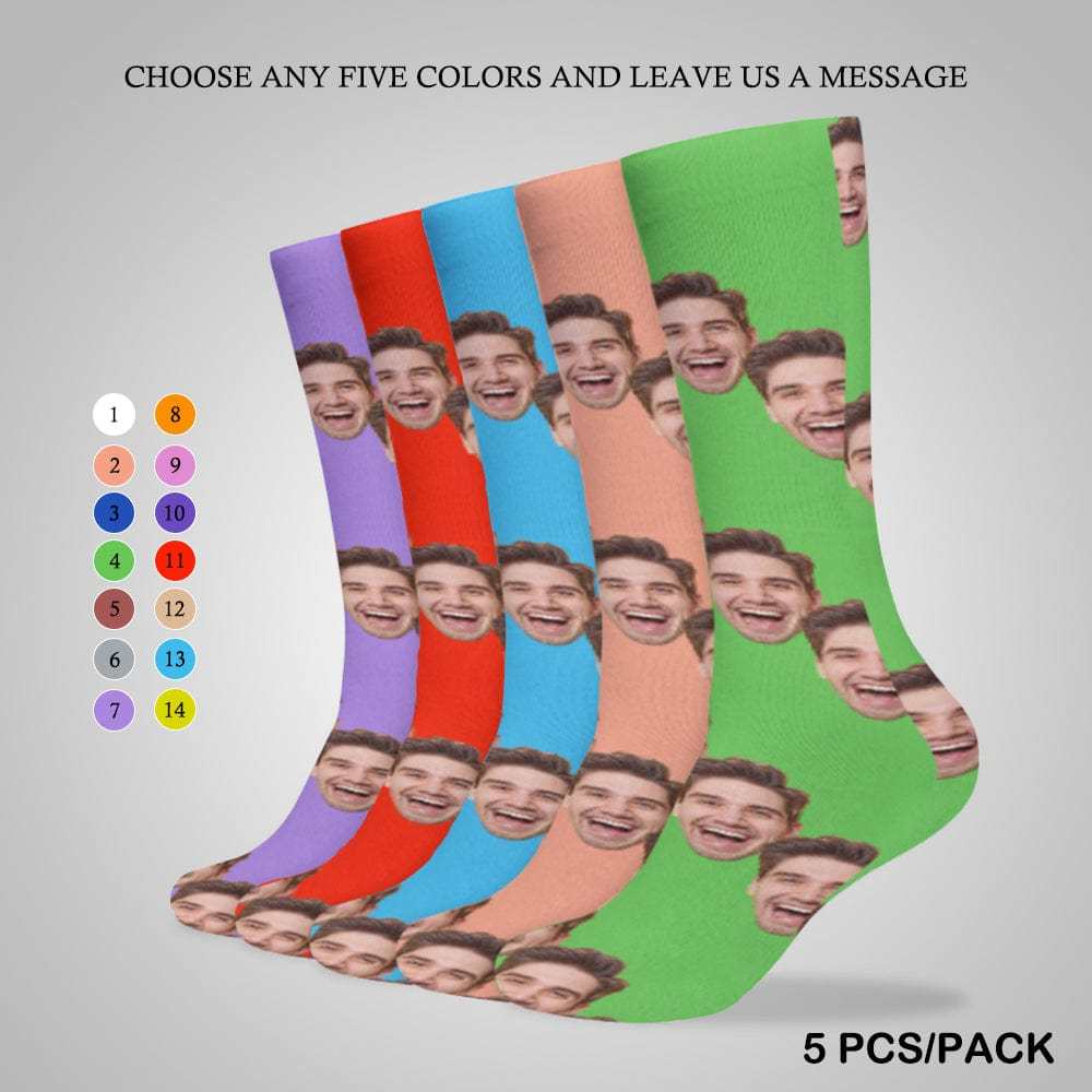 FacePajamas Sublimated Crew Socks-2WH-SDS 5PCS(Different Color) Socks with Custom Faces White Background Funny Personalized Sublimated Crew Socks Gift for Family Friends