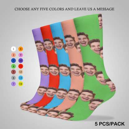 FacePajamas Sublimated Crew Socks-2WH-SDS 5PCS(Different Color) Socks with Custom Faces White Background Funny Personalized Sublimated Crew Socks Gift for Family Friends