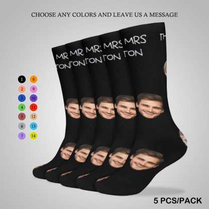 FacePajamas Sublimated Crew Socks-2WH-SDS 5PCS(One Color) Custom Face&Name Couple Sublimated Crew Socks Black Background Socks Personalized Funny Photo Socks Gift