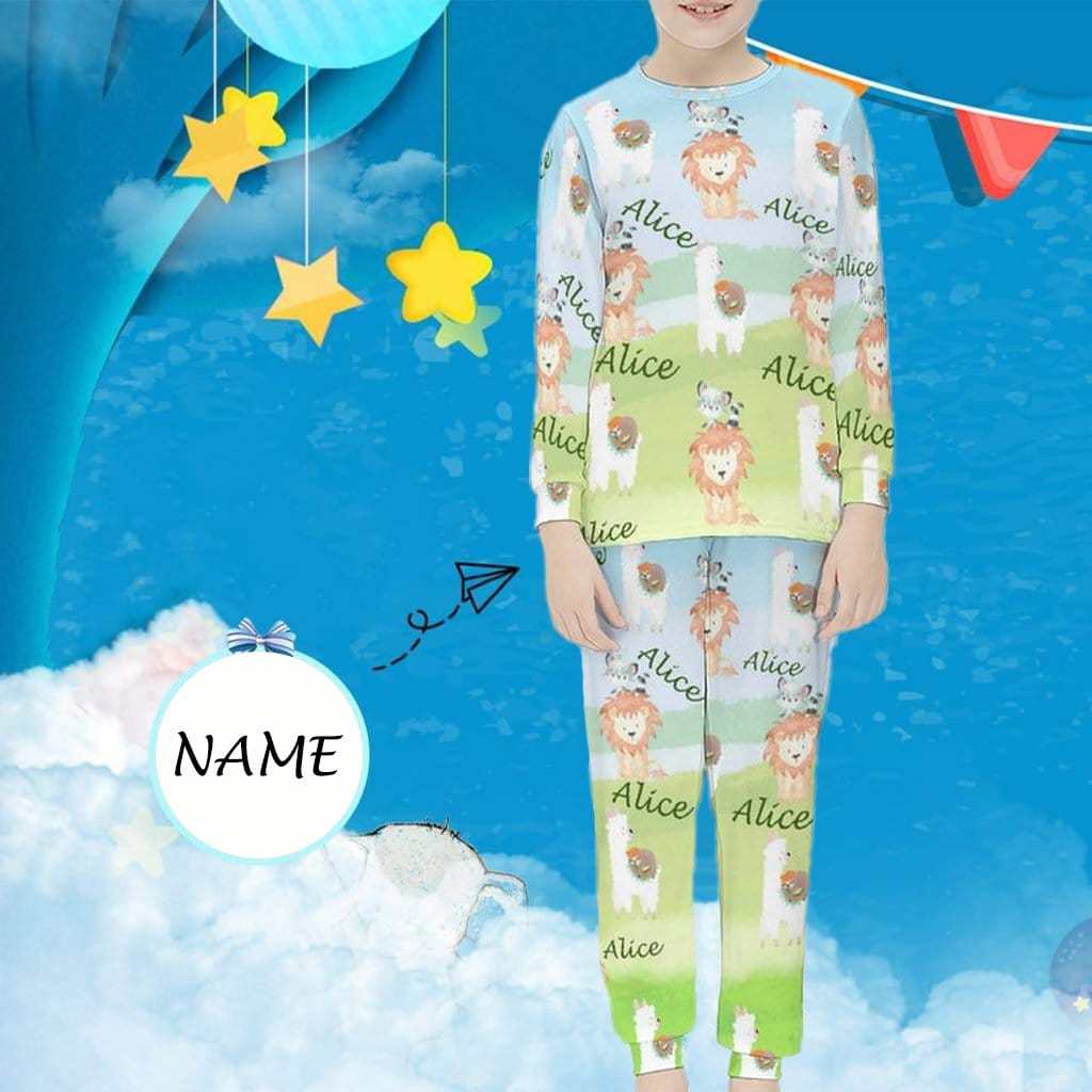FacePajamas Pajama 6-7Y(XS) Custom Name Cartoon Animals Little Lion Kids Long Sleeve Pajamas Set