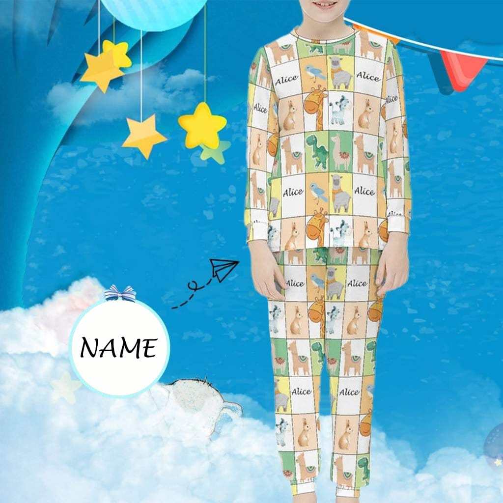 FacePajamas Pajama 6-7Y(XS) Custom Name Pjs Cartoon Animals Gird Sleepwear Personalized Kids Long Sleeve Pajama Set