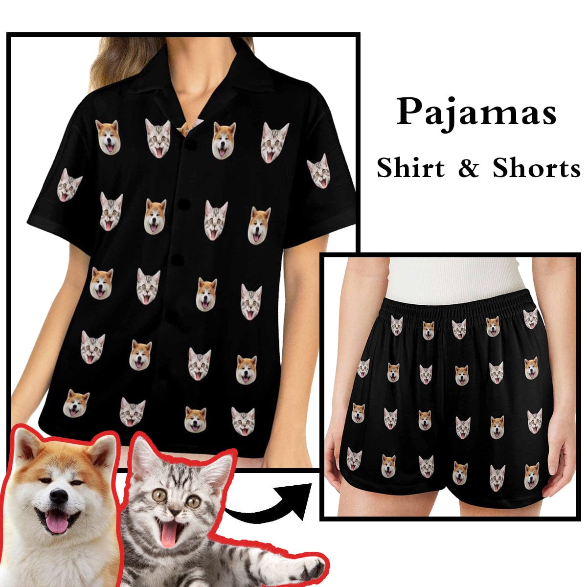 FacePajamas Sets 8.17-纯色黑底-女士短裤  Women&#039;s Pajama Shorts (Model Sets 11)