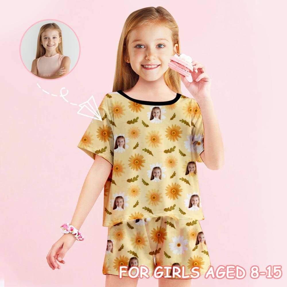 FacePajamas Pajama 8-9(XS) Big Kids Pajamas Custom Face Yellow Flowers Sleepwear Personalized Kids' Short Sleeve Pajama Set For Girls 8-15Y